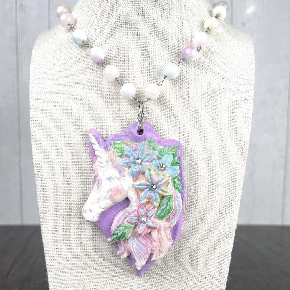 Pastel Unicorn‎ Pendant Necklace coquette fairycore Rose Quartz handmade